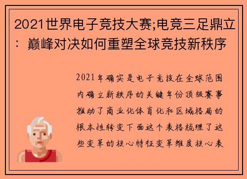 2021世界电子竞技大赛;电竞三足鼎立：巅峰对决如何重塑全球竞技新秩序？
